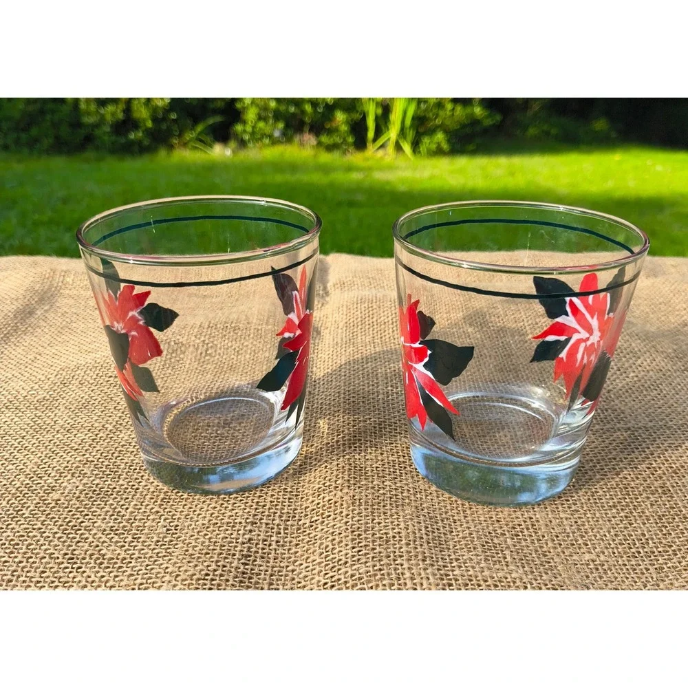 Vintage Anchor Hocking Christmas Poinsettia Rocks Glasses Set 2 Holiday Lowball
